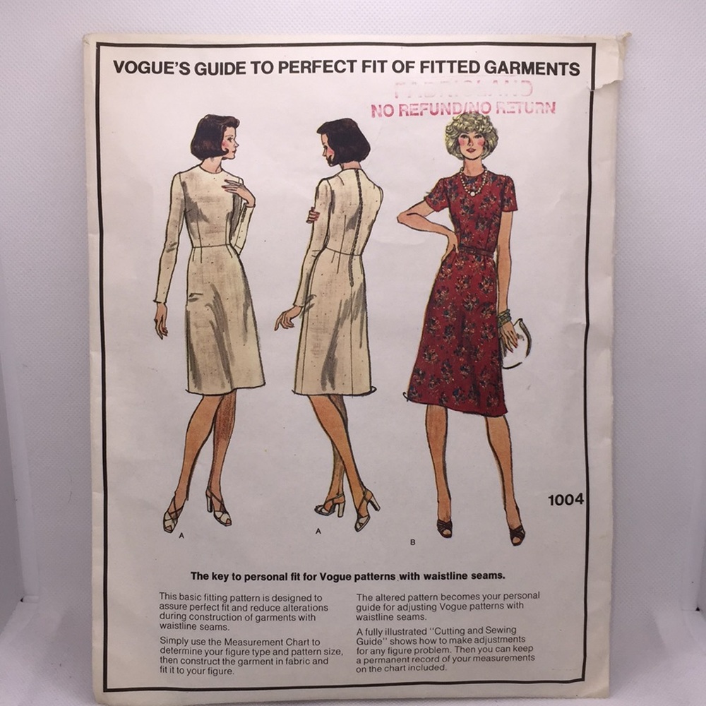Vintage Vogue 1004 Guide to Perfect Fit Of Fitted Garments Size 12 Sewing